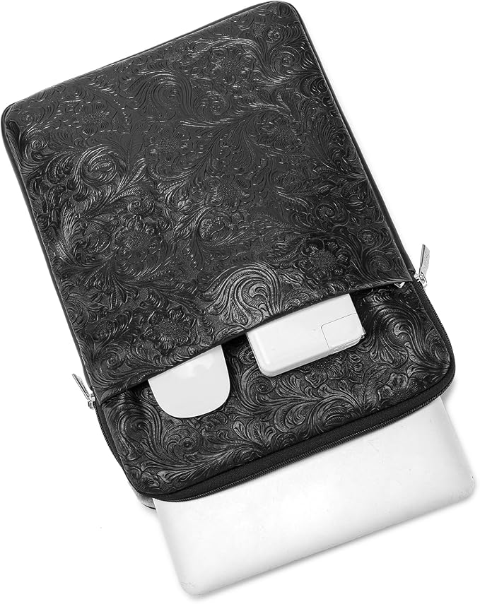 Kinmac 360° Protective Vertical Laptop Sleeve Case Cover Bag (Paisley Black PU, 15.6 inch-16 inch)