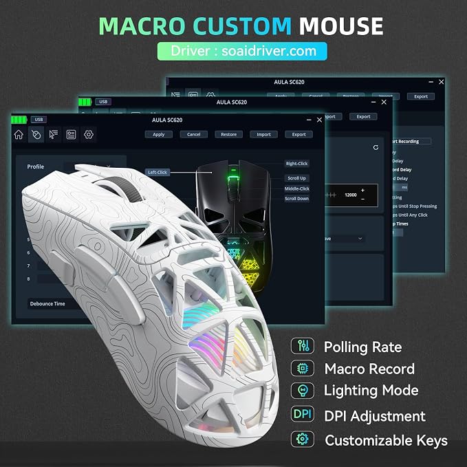 Aula SC620 Wireless Gaming Mouse, Tri-Mode 2.4GHz/USB-C/BT5.3 Computer Mouse with 12000 DPI, Programmable Macro Gamer Mouse with Rapid Fire Key, RGB Light Gaming Mice for PC/Laptop/Mac (Line White)