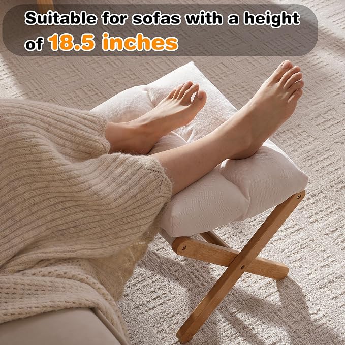 Baveke Ottoman Foot Rest- Bamboo Foldable Stool, Foot Stools Small Ottman with Upholstered & X Legs, Folding Shoe Bench, Bedroom and Living Room, Small Beige(FSC-Certified Bamboo)