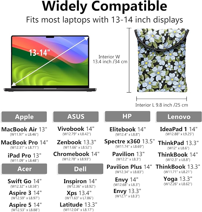 Puffy Laptop Sleeve 13-14 Inch Blue Flower, Protective Carrying Case for Men and Women, Cute Case Bag Compatible with 13 and 14 Inch Laptops, for MacBook Air M2, Asus/Dell Xps in Cover