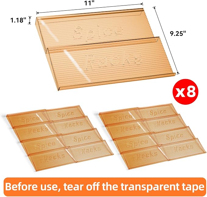 MUDEELA Clear Spice Drawer Organizer, 4 Tier- 4 Set (8 Packs) Spice Rack for Drawer, Expandable From 11" to 22" Kitchen Seasoning Organizers and Storage for Drawer (Jars not included), Amber