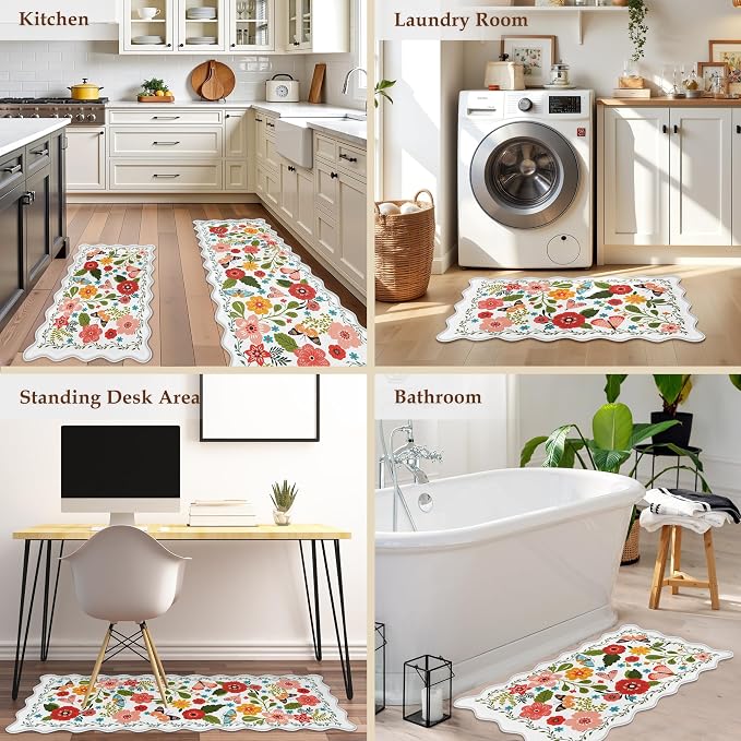 Arenarug Scalloped Kitchen Mats for Floor 2PC Cushioned Anti Fatigue Kitchen Mats Rugs Waterproof Non Slip Boho Floral Comfort Foam Standing Mat for Sink Laundry, White,17.3x30+17.3x59