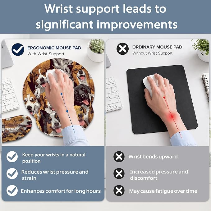 Wrist Rest Mouse Pad and Keyboard Support Set,Cute Dog 3 in 1 Ergonomic Memory Foam Mousepad with Non Slip Base, Gaming Mouse Pad for Office and Home