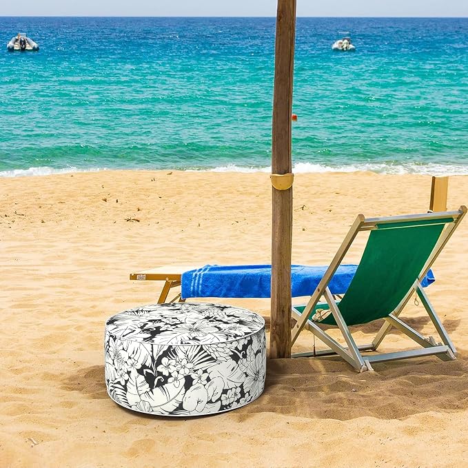 DYTXIII Inflatable Ottoman Stool D21 xH9 for Outdoor/Indoor Use, Water Repellent Patio Foot Rest with Portable Handle,Round Pouf Ottoman Suitable for Garden,Deck and Camping-Tropical Blossom Noir