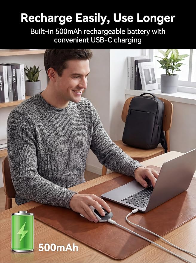 hunart H6 49g Wireless Mouse, Bluetooth & 2.4GHz Rechargeable Mouse, Lightweight Silent Ergonomic Mouse with USB-C Charging, Portable Right-Hand Office Mouse for Laptop, PC, Mac (Black and White)