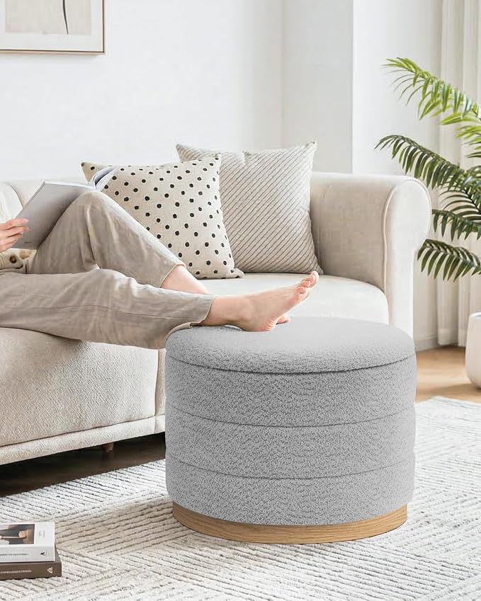B FSOBEIIALEO Round Storage Ottoman with Tray, Folding Ottoman with Storage Coffee Table Foot Rest for Dorm Room Living Room Chenille Fabric,Sliver Grey,22.83"x22.83"x17.34"