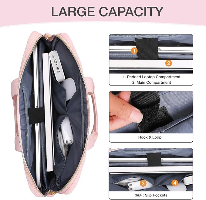 MOSISO 15-16 inch Laptop Bag, Laptop Briefcase Messenger Compatible with MacBook Pro 16/Air 15, HP, Dell, Lenovo, Square Quilted Computer Bag Work Office Business with 3 Pockets&Strap, Pink