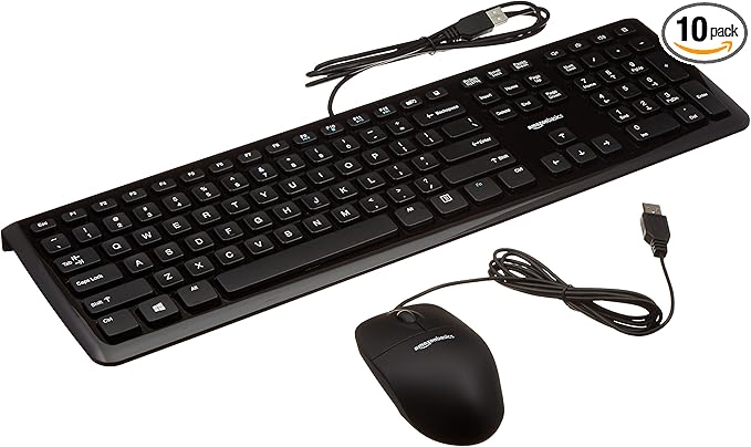 Amazon Basics Wired USB Keyboard and Mouse Combo, Full-Sized Keyboard with QWERTY Layout, Optical Tracking Mouse, Black, 10-Pack