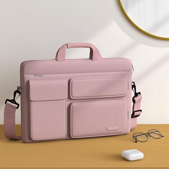 MOSISO Laptop Shoulder Bag 15.6 inch, 15-15.6 inch Computer Bag Compatible with MacBook Pro 16 inch, HP, Dell, Lenovo, Notebook with 2 Raised&1 Flapover&1 Horizontal Pocket&Handle&Belt, Pink