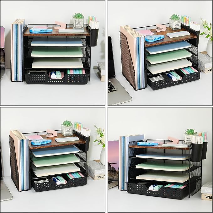 OPNICE Desk Organizer, 5-Tier Paper File Organizer with Drawer & Pen Holder, Office Desk Accessories, Workspace Desktop Organizer for Office Supplies(Brown Wood)