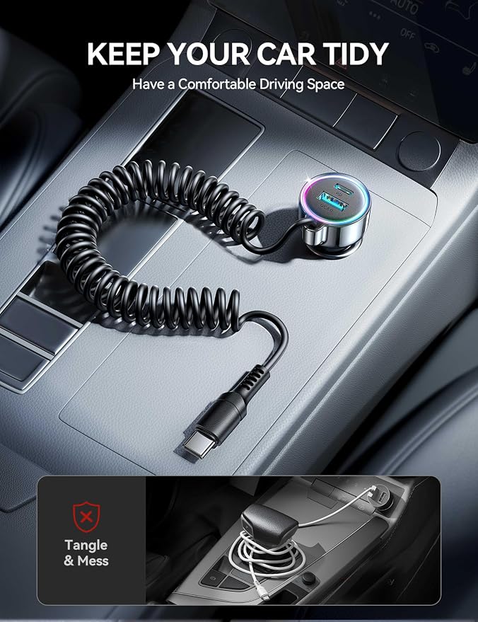 USB C 90W Car Charger for iPhone 17/16 Pro Max, PD & QC3.0 w/5 ft 45W Type Coiled Cable, Fast Car Phone Charger Adapter for iPhone 17Air/15 Pro, Samsung Galaxy S25/S24/S23, Pixel 10/LG/Android, iPad