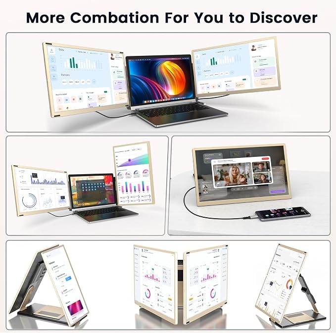 Laptop Screen Extender, 15.6" Detachable Triple Portable Monitor, 1080P FHD IPS Display, Sturdy & Durable, USB-C/HDMI Plug-Play Monitor Extender for Mac/Win/Android, Fits 13-17" Laptops