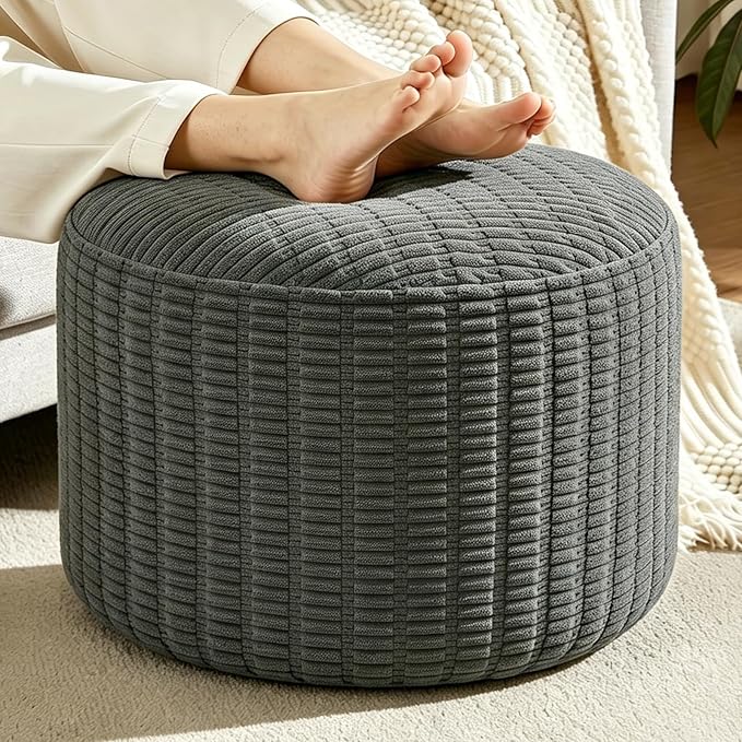 Round Corduroy Ottoman Foot Rest Pouf for Living Room Couch - Soft Plush Shredded Foam Filled Hassock Stool, Comfy Footstool for Adults (Charcoal - Chunky Corduroy, 20 INCH×15 INCH)