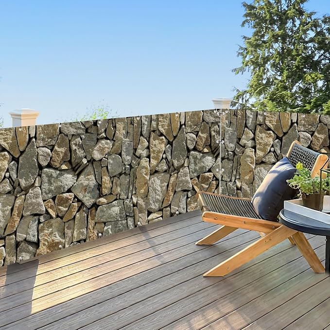 UPGRADE 4'x36'Customized PVC Privacy Fence Screen with Stone Wall Print – Outdoor Waterproof Patio Privacy Cover for Yard, Balcony, Garden Fence Decoration
