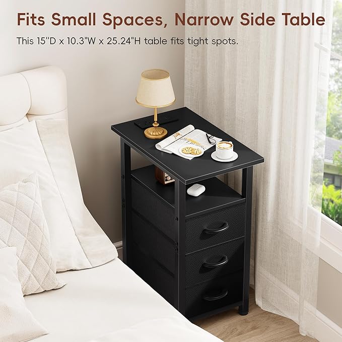 Vagusicc Set of 2 Black Nightstand with Charging Station and LED Lights, Narrow End Table, LED Night Stand with 3 Fabric Drawers for Bedroom, Small Bedside Table, Narrow Side Table for Small Spaces