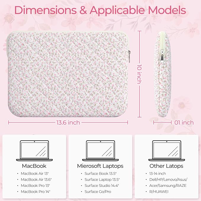 13-14 inch Cotton Quilted Laptop Sleeve for Women, Aesthetic Puffy Laptop Case Carrying Bag Compatible with MacBook Air/Pro 13/Pro 14, Soft Computer Liner Bag (Pink Floral, 13.3 inch)