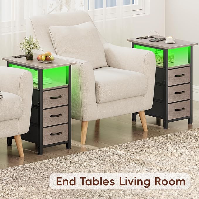 Vagusicc Nightstand with Charging Station and LED Lights, Narrow End Table, LED Night Stand with 3 Fabric Drawers for Bedroom, Small Side Table for Small Spaces, Greige