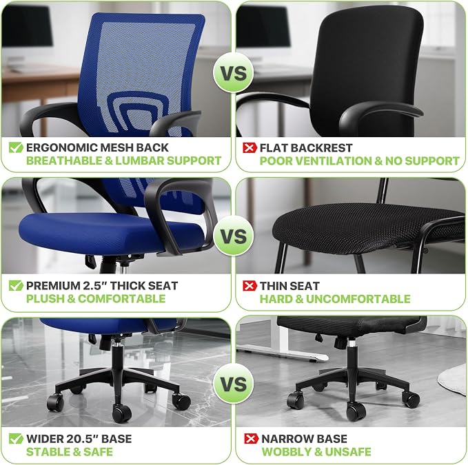 Magshion Ergonomic Office Chair Pack of 2, Mid-Back Mesh Desk Chair, Adjustable Swivel Computer Chair with Lumbar Support & Breathable Backrest for Gaming, Work, Study, 300 Lbs Capacity, Navy Blue