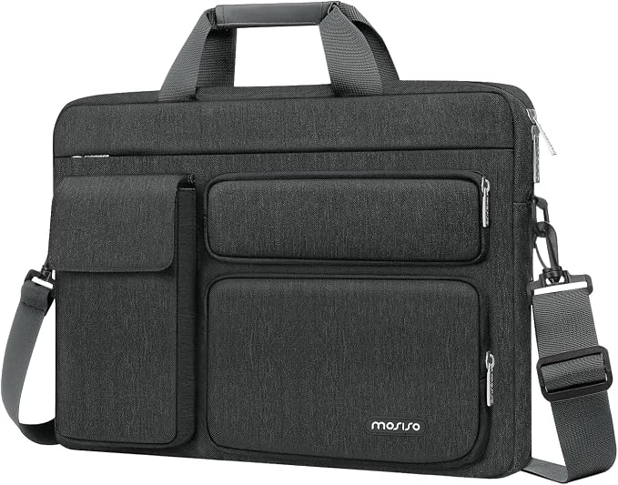 MOSISO Laptop Shoulder Bag 15.6 inch, 15-15.6 inch Computer Bag Compatible with MacBook Pro 16 inch, HP, Dell, Lenovo, Notebook with 2 Raised&1 Flapover&1 Horizontal Pocket&Handle&Belt, Charcoal Gray