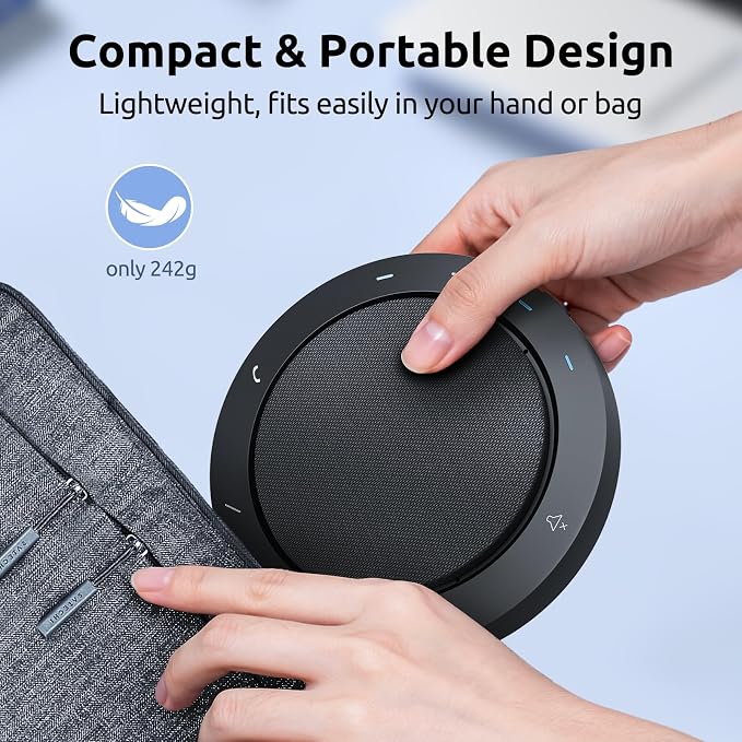 Bluetooth Speakerphone for Conference Calls – 2 AI Noise Reduction Mics, 360° Voice Pickup, USB-C & USB-A Adapter, 10-14H Playtime, Compatible with Zoom/Teams/Skype/Meet