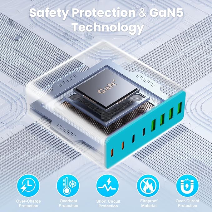 320W USB C Charger Block, 8-Port USB C Charging Station PD 65W PC Laptop Fast Charger Adapter for MacBookPro/Air,DELL,iPad,Portable Charging Station for iPhone,Samsung Galaxy (Blue)