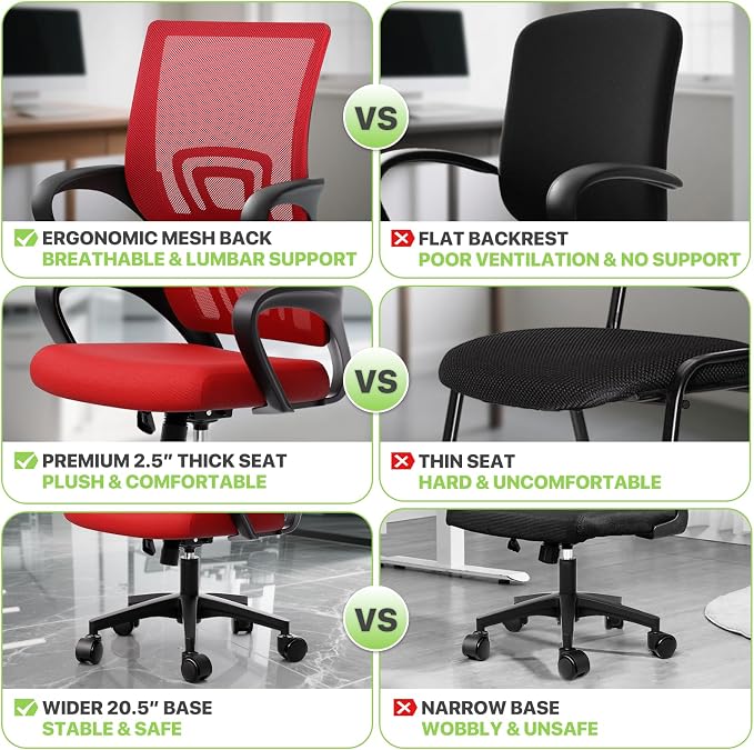 Magshion Ergonomic Office Chair 20 Pack, Mid-Back Mesh Desk Chair, Adjustable Swivel Computer Chair with Lumbar Support & Breathable Backrest for Gaming, Work, Study, 300 Lbs Capacity, Red