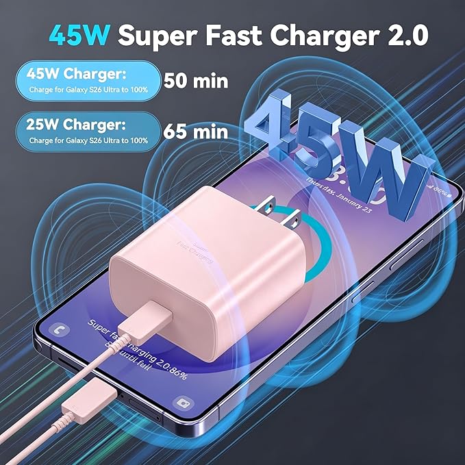 45W Super Fast Charger USB C Android Phone Type C Charger Fast Charging Block with 6.6FT Cord for Samsung Galaxy S26/S26 Ultra/S26+/S25 Ultra/S25/S24 Ultra/S24/S23 Ultra/S22/S21/S20/Note 10, Pink