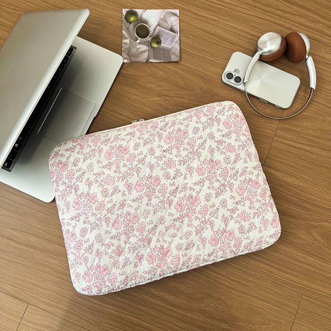 Puffy Laptop Sleeve 13-15.6 Inch Corduroy Quilted Laptop Protective Case Cute Floral Computer Sleeve Protective for MacBook