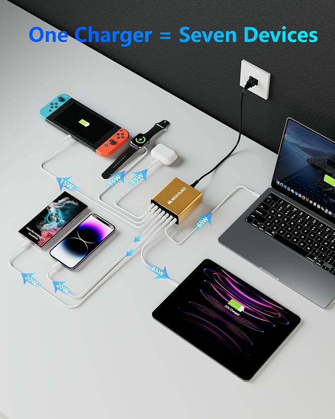 Aluminum Alloy 260W USB C Charger GaN Fast USB C Charging Station 7 Ports 65W Laptop Charger for MacBook Pro/Air/iPad Pro/iPhone (Glod)