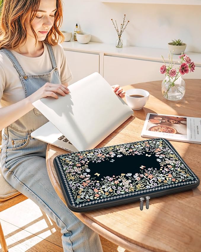 iCasso Laptop Sleeves 13 inch,Retro Laptop Carrying Case Black,13-13.6 inch Computer Sleeve Bag Compatible with MacBook Neo/Air/Pro 13-14 Sleeve, HP Dell ASUS Lenovo Chromebook Notebook,Flowers