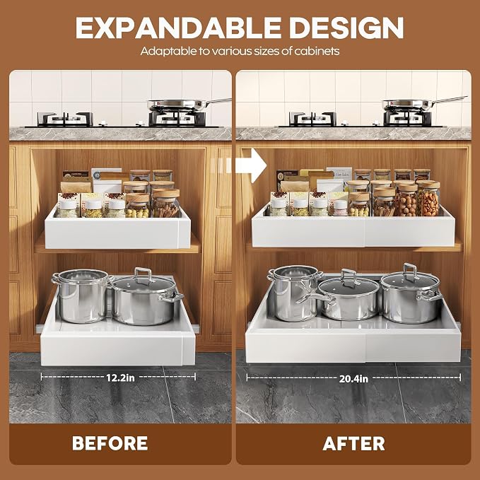 Seinloes 2 Pack Expandable Pull Out Cabinet Organizer 16.5"Deep with Raising Pad for Framed Cabinets,Upgrade 3 Slide Rails Slide Out Drawers,Roll Out Shelves Adhesive,Adjustable Width 12.2"-20.4"White