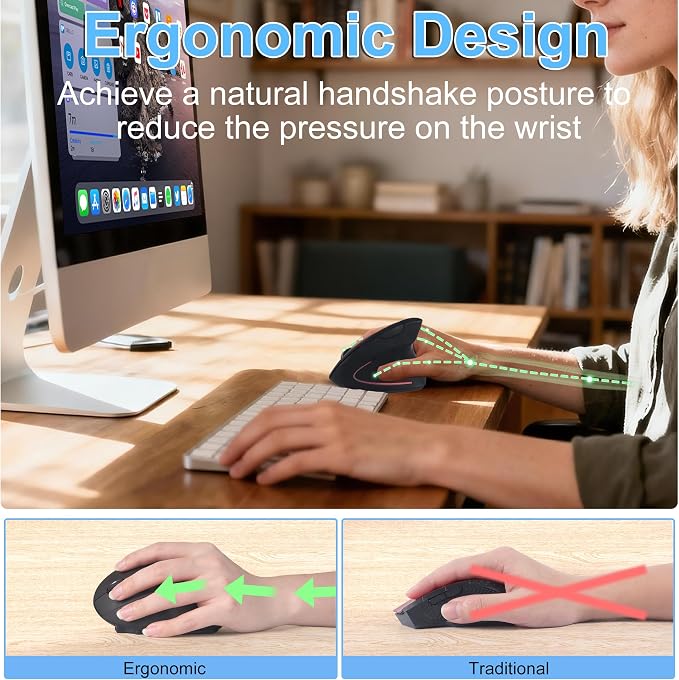 Ergonomic Mouse Wireless 2.4GHz Optical Right Hand Vertical Mouse with USB & Type-C Dual Port Receiver 6 Buttons Portable Silent USB Wireless Mice for PC Laptop Desktop Computer Mac Adult Gifts, Black