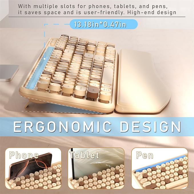 MPTOG Colorful Wireless Computer Keyboard and Mouse Combo with Phone Holder, Wrist Rest, Typewriter Keys, 2.4GHz Wireless, Full-Sized Optical Mouse for PC and Laptop (Milk Tea)