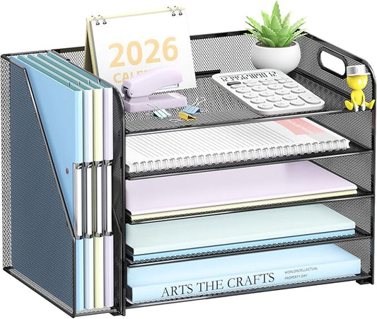 SUPEASY 5-Tier Desk Organizer with File Holder, Desk Organizers and Accessories, Paper Organizer for Desk, Mesh Desktop File Organizer, Workspace Organizers for Office Home School Classroom, Black