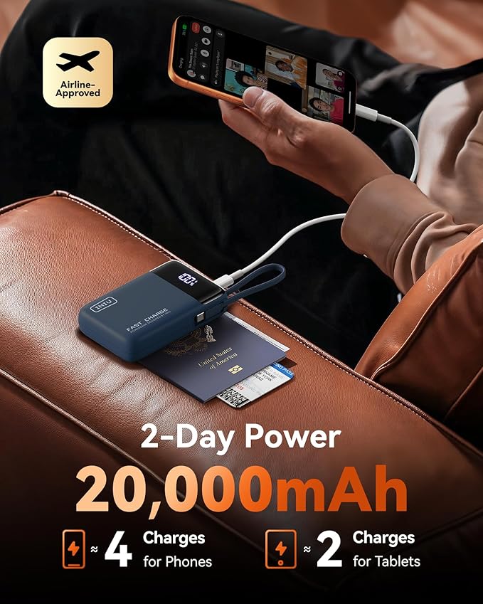 INIU 20000mAh Power Bank, Small 45W PD Fast Charging Portable Charger with Built-in USB C Cable, Flight-Safe Travel External Phone Battery Pack for iPhone 17 Pro Max Samsung S26 iPad etc, Blue
