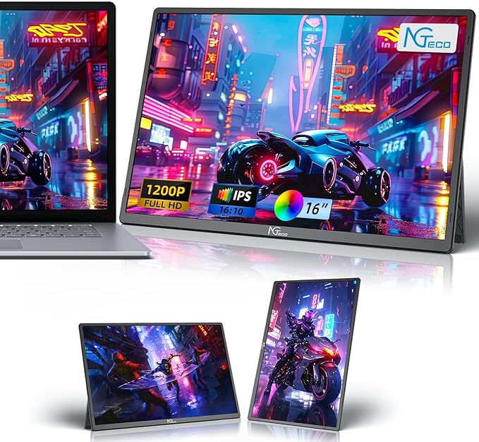 NGTeco 16" Extended Monitor Portable 1200P IPS, 360° Foldable Stand, USB-C HDMI Plug&Play, Built-in Speakers, Laptop Screen Extender for PC/Mac/Phone/Xbox/Switch