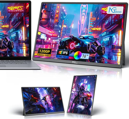 NGTeco 16" Extended Monitor Portable 1200P IPS, 360° Foldable Stand, USB-C HDMI Plug&Play, Built-in Speakers, Laptop Screen Extender for PC/Mac/Phone/Xbox/Switch