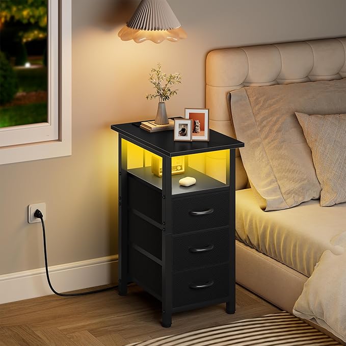 Vagusicc Set of 2 Black Nightstand with Charging Station and LED Lights, Narrow End Table, LED Night Stand with 3 Fabric Drawers for Bedroom, Small Bedside Table, Narrow Side Table for Small Spaces