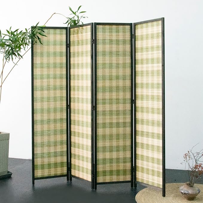 Furnnylane 4 Panel Bamboo Room Divider - 5.6 ft Tall (67" H x 63" W), Double-Sided Folding Privacy Screen in Green Woven Stripe, No-Drill Freestanding Partition for Home Office & Bedroom