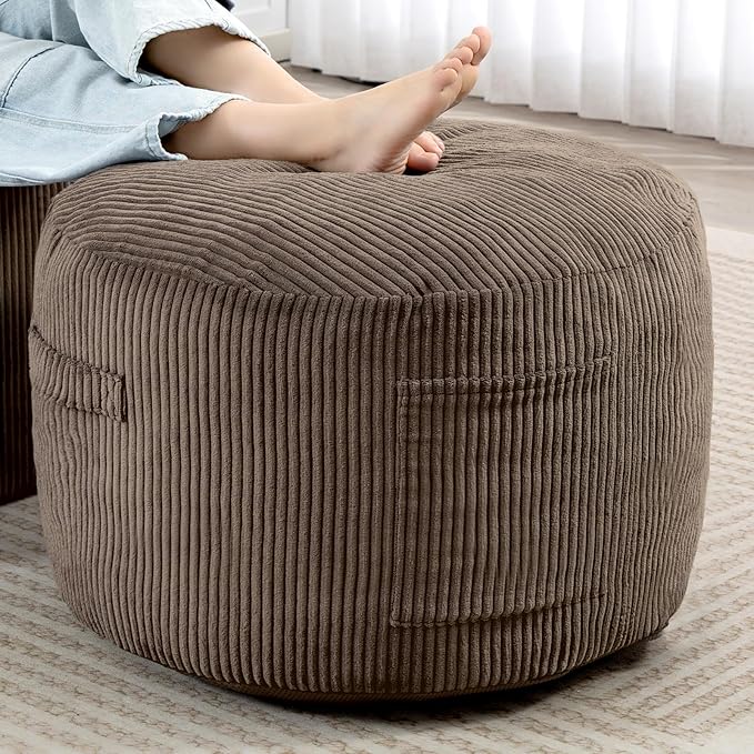 Round Stuffed Pouf Ottoman,Corduroy Foot Rest with Rebound Foam Filled, Furry and Fluffy Foot Stool Ottoman, Floor Poufs for Living Room (Brown, 26" D x 26" W x 18" H)
