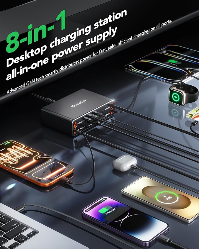 8-in-1 Retractable Charger for Apple Samsung Multiple Devices,Charging Station 105W USB c Gan Usbc Hub,Fast Charger Wall Plug for iPhone 17/16/15,Galaxy S26,Pixel,iPad,Home Office,Desktop Accessories