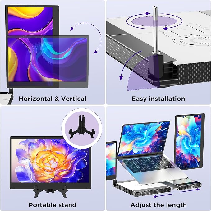Laptop Screen Extender, 14 Inch Portable Monitor FHD 1080P, 360° Rotatable with Metal Stand, Plug & Play via USB-C/HDMI, for Windows/Mac/Android/PS5