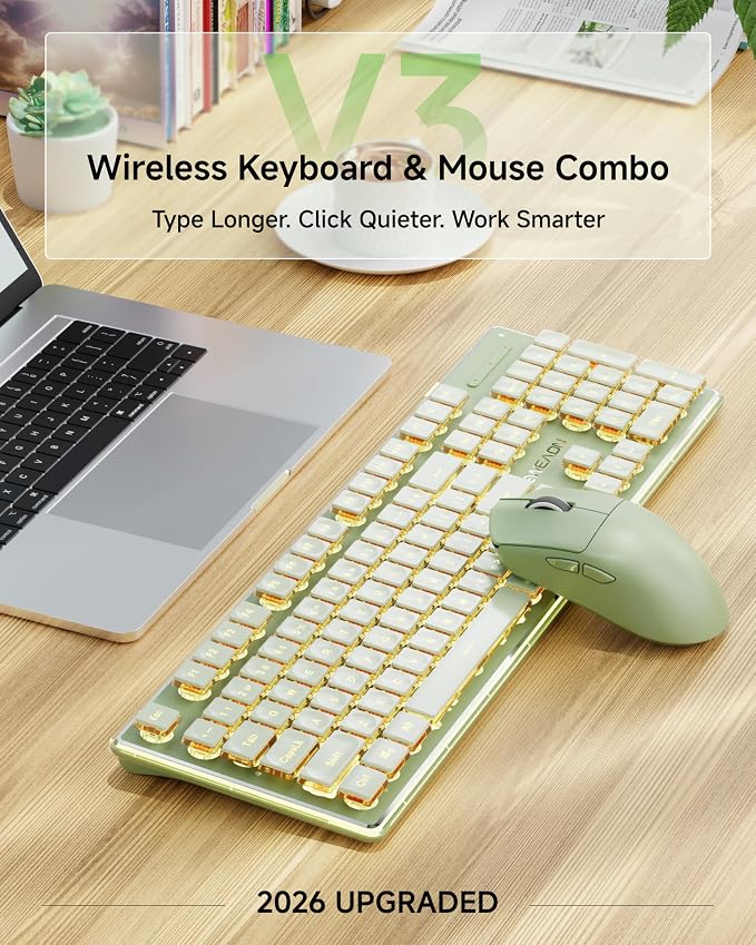 Wireless Keyboard and Mouse Combo with White Backlit Pudding Keycaps, Bluetooth & 2.4G, 2000mAh Rechargeable, Full Size, Metal Panel Quiet Computer Keyboard Set for Windows PC Desktop - Green
