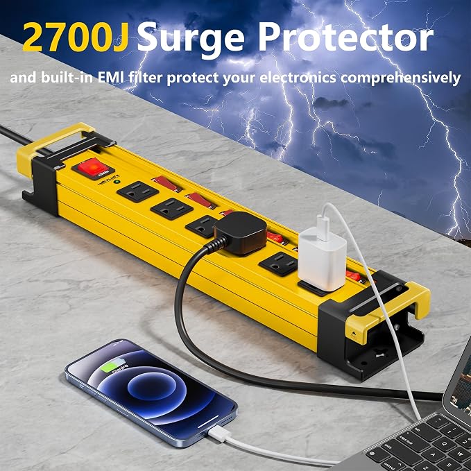 6 Outlet Heavy Duty 2700J Power Strip Surge Protector with Individual Switches Metal Mountable Power Strip with Flat Plug and Cord Manager, 6FT Long Extension Cord for Workshop, Workbench and Garage