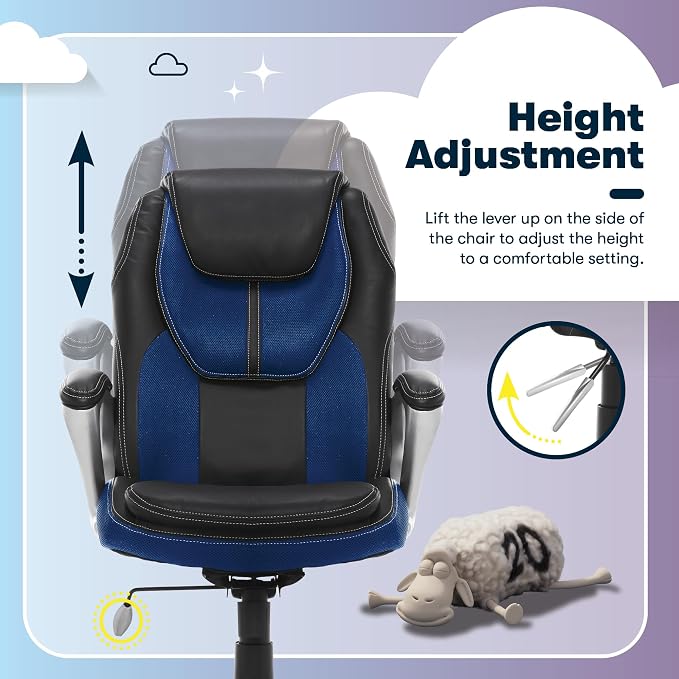 Serta Amplify Executive Office Chair with Faux Leather and Mesh, Adjustable Ergonomic Comfy Seat with Lumbar Support, Modern Computer DeskChairs, Swivel Rolling Wheels, Blue