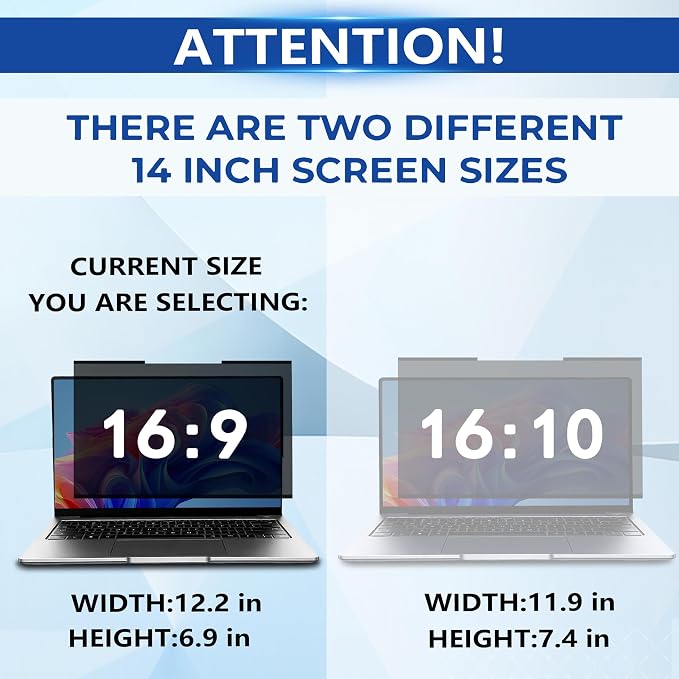 Magnetic Laptop Privacy Screen 14 Inch 16:9, Removable Computer Privacy Filter Shield and Anti Glare Blue Light Screen Protector, Compatible with HP Dell Acer Asus Samsung Lenovo ThinkPad