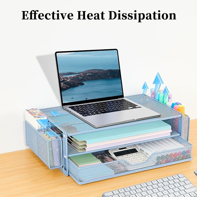 AUPSEN Computer Monitor Stands Riser，2-Tier Desk Organizers and Accessories, Office Desk Accessories Organizer with Drawers and 2 Pen Holder for Office Supplies (Blue)