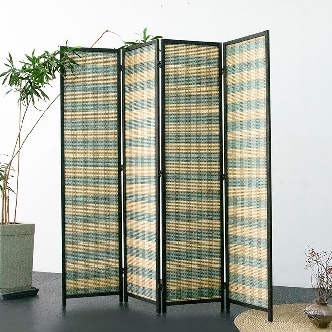 Furnnylane 4 Panel Bamboo Room Divider - 5.6 ft Tall (67" H x 63" W), Double-Sided Folding Privacy Screen in Blue Woven Stripe, No-Drill Freestanding Partition for Home Office & Bedroom