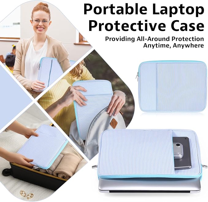 Huhumy Laptop Sleeve Case 13-13.3 inch for Women, Cute Seersucker Laptop Sleeve with Pocket Thin Computer Carrying Bag for Office Business Trip Compatible with Various Laptops Models(Blue)
