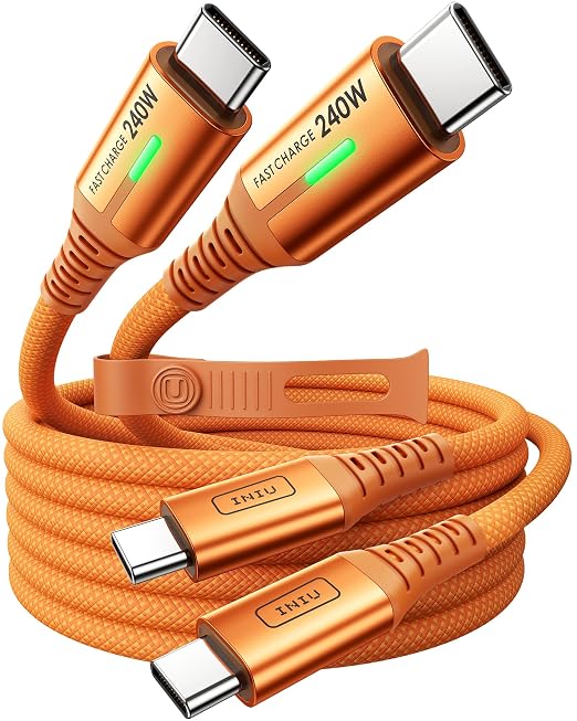 INIU USB C to USB C Cable, 240W Fast Charging Type C Charger Cord, Braided USBC Cable for iPhone 17, Samsung S25, Laptop, MacBook, Switch, Kid, Emergency, Flight, [6.6ft+6.6ft Orange]